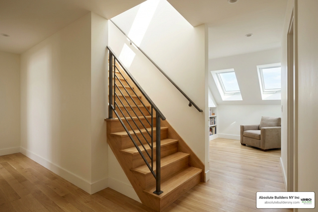 Modern space-saving staircase providing safe access to a converted attic Modern space-saving staircase providing safe access to a converted attic