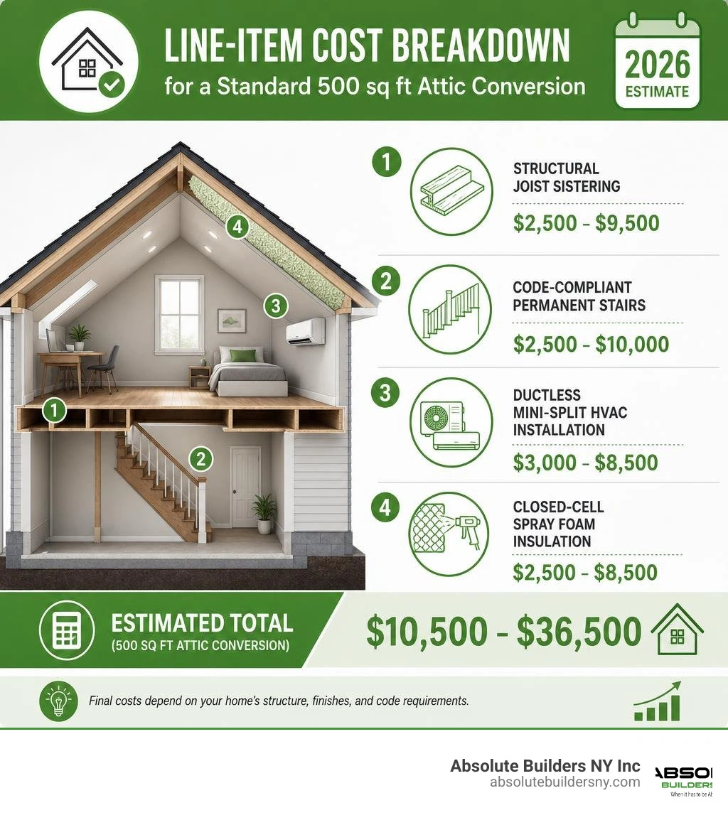 Line-item cost breakdown for a standard 500 sq ft attic conversion in 2026 infographic Line-item cost breakdown for a standard 500 sq ft attic conversion in 2026 infographic