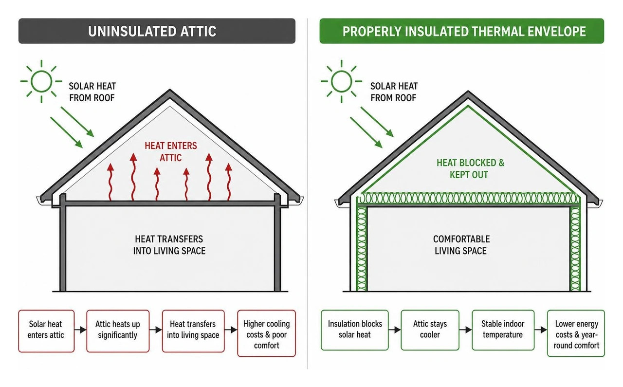 Diagram showing how solar heat gain affects an uninsulated attic vs a properly insulated thermal envelope Diagram showing how solar heat gain affects an uninsulated attic vs a properly insulated thermal envelope