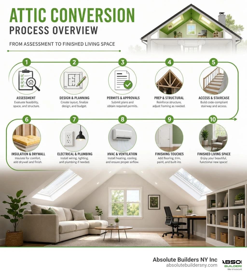 Attic conversion process overview: steps from assessment to finished living space infographic Attic conversion process overview: steps from assessment to finished living space infographic