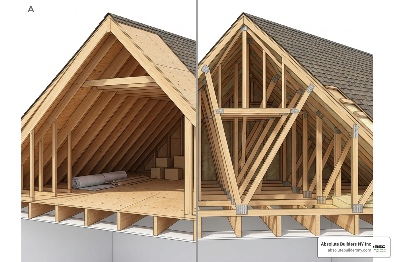 Structural comparison: A-frame rafters with open space vs W-shaped trusses blocking the attic Structural comparison: A-frame rafters with open space vs W-shaped trusses blocking the attic