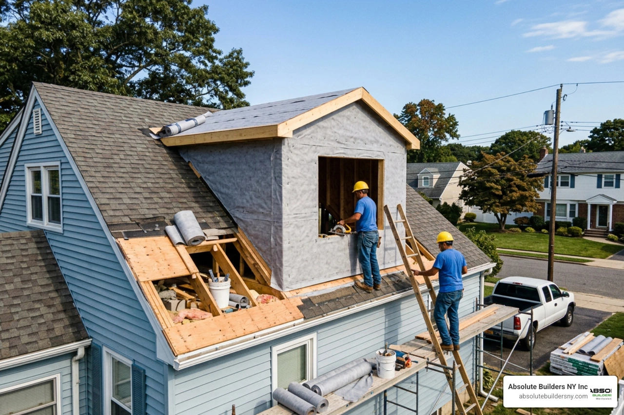 dormer construction in progress on a Long Island home with weatherproofing wrap dormer construction in progress on a Long Island home with weatherproofing wrap