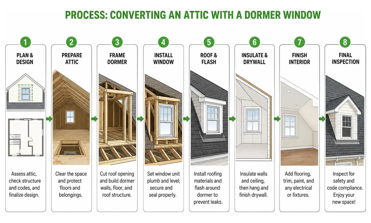 Process diagram of converting an attic with a dormer window Process diagram of converting an attic with a dormer window