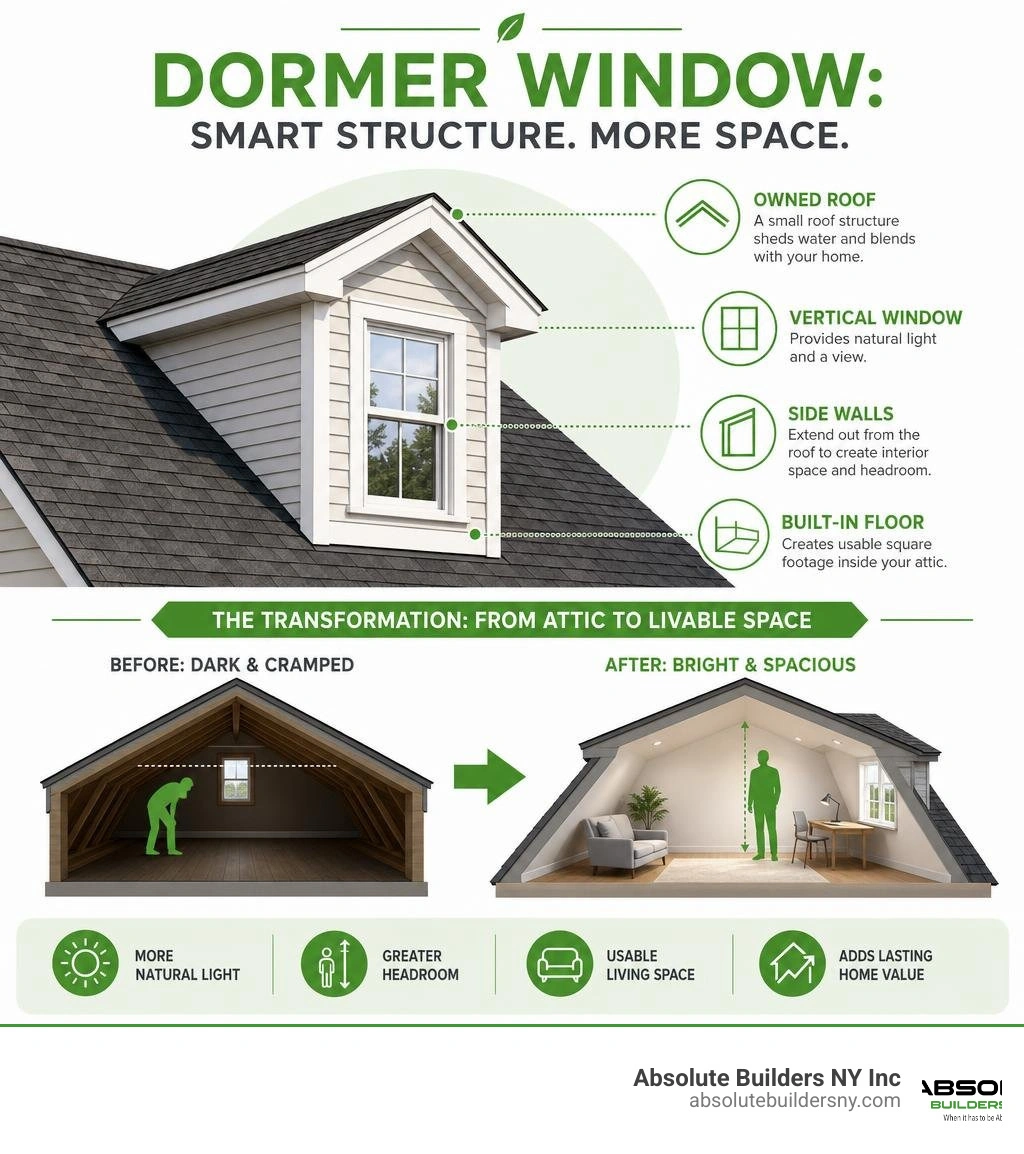 Infographic showing the basic structure and space-saving benefits of a dormer window infographic Infographic showing the basic structure and space-saving benefits of a dormer window infographic