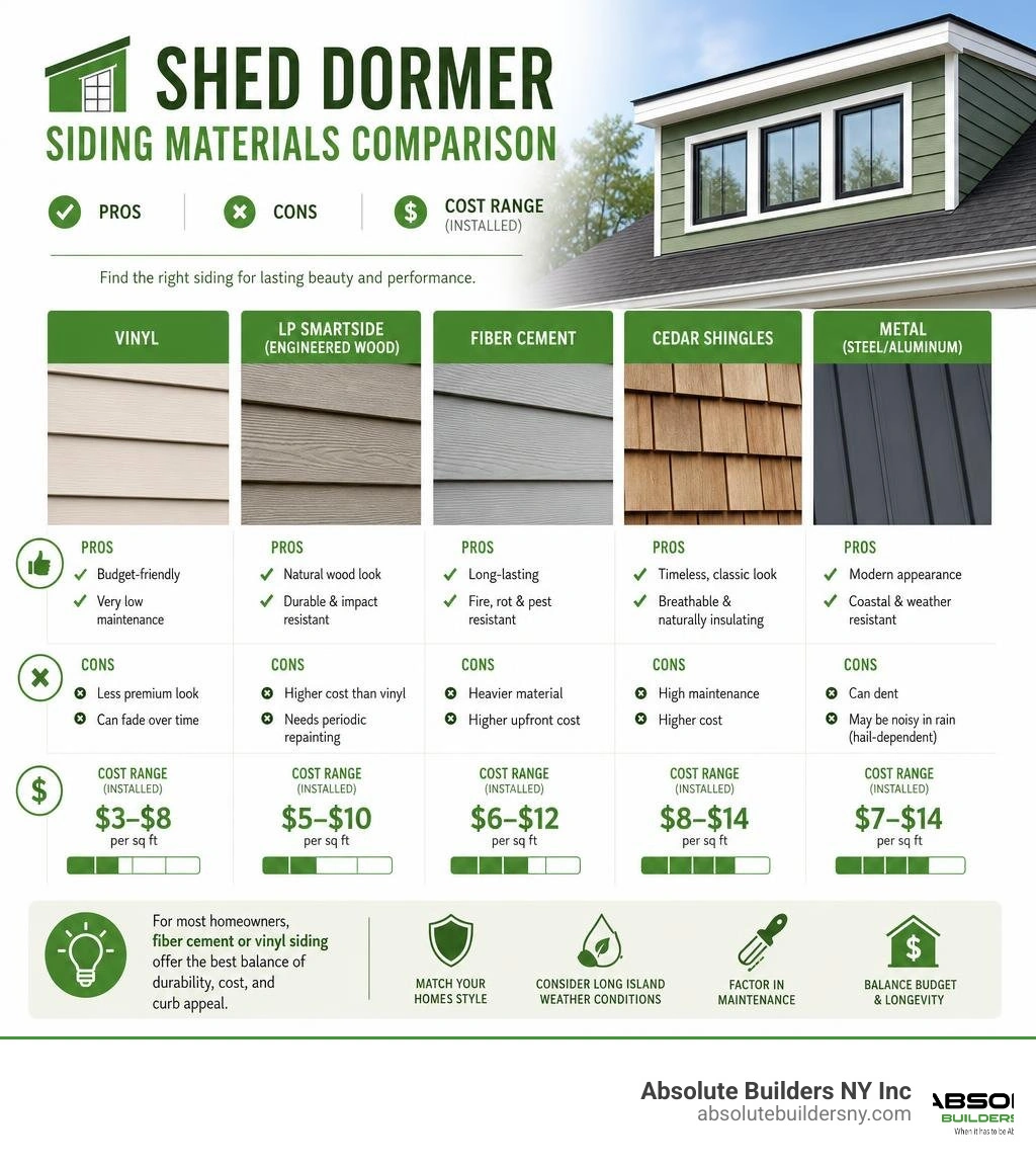 Infographic showing shed dormer siding materials comparison with pros cons and cost ranges infographic Infographic showing shed dormer siding materials comparison with pros cons and cost ranges infographic