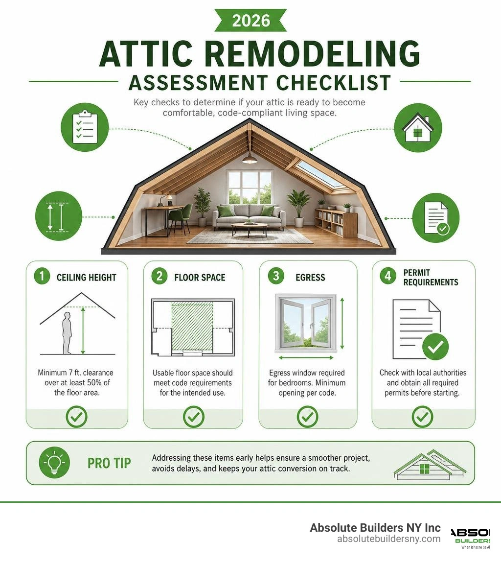 2026 attic remodeling assessment checklist with ceiling height, floor space, egress, and permit requirements infographic 2026 attic remodeling assessment checklist with ceiling height, floor space, egress, and permit requirements infographic