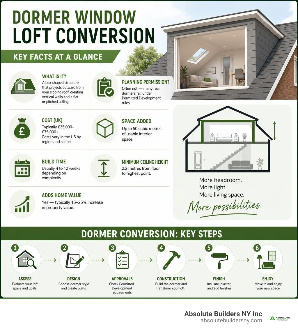 Key facts and steps for a dormer window loft conversion at a glance infographic Key facts and steps for a dormer window loft conversion at a glance infographic
