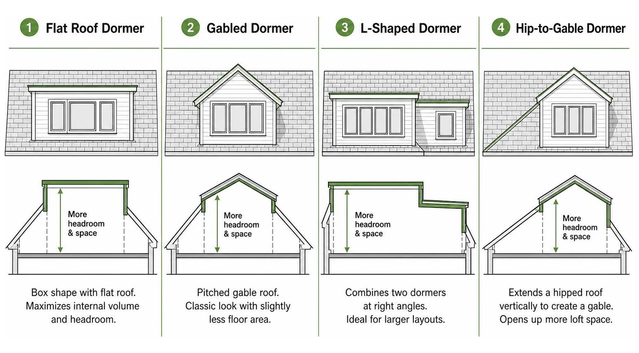 Comparison of flat roof, gabled, L-shaped, and hip-to-gable dormer designs