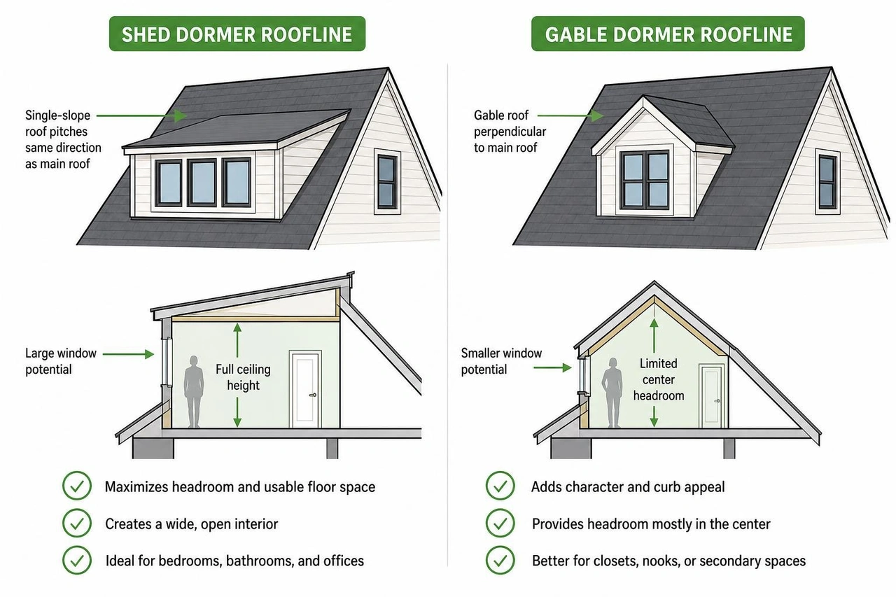 Diagram comparing a shed dormer roofline with a gable dormer roofline