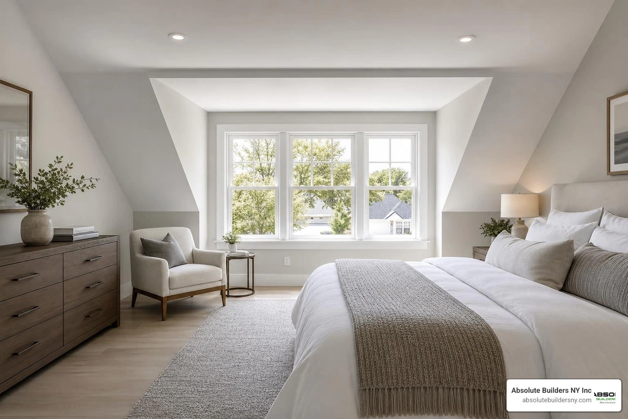 A light-filled attic bedroom created with a shed dormer A light-filled attic bedroom created with a shed dormer