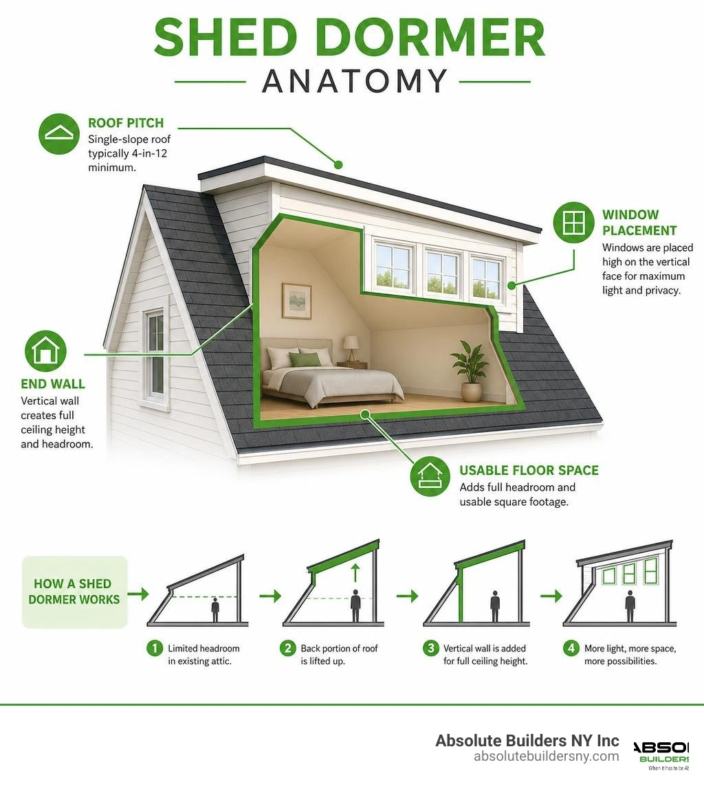 Shed dormer anatomy infographic showing roof pitch, end wall, usable floor space, and window placement infographic
