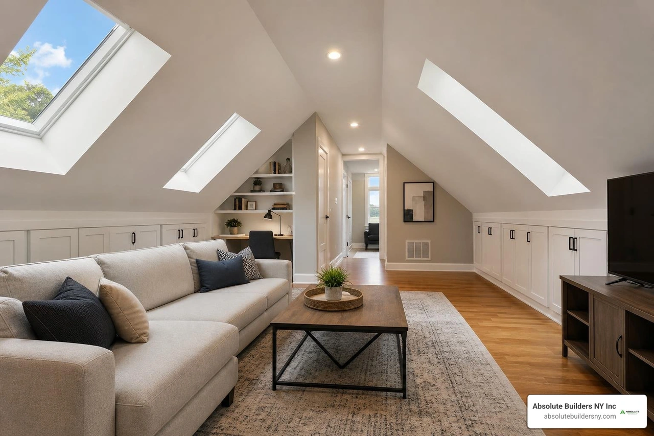 Finished attic with skylights and built-in knee wall storage Finished attic with skylights and built-in knee wall storage
