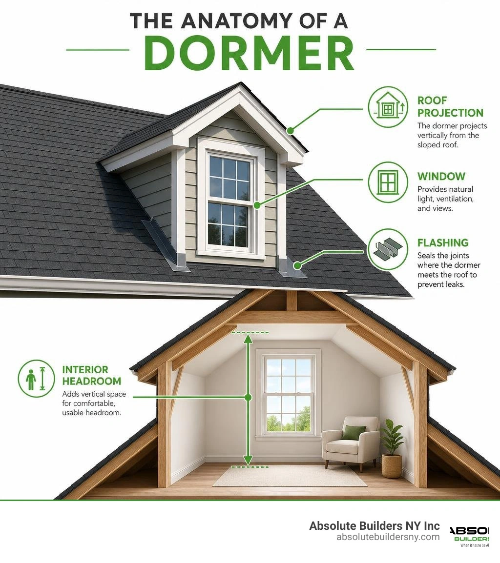 Infographic showing the anatomy of a dormer on a house including roof projection, window, flashing, and interior headroom Infographic showing the anatomy of a dormer on a house including roof projection, window, flashing, and interior headroom