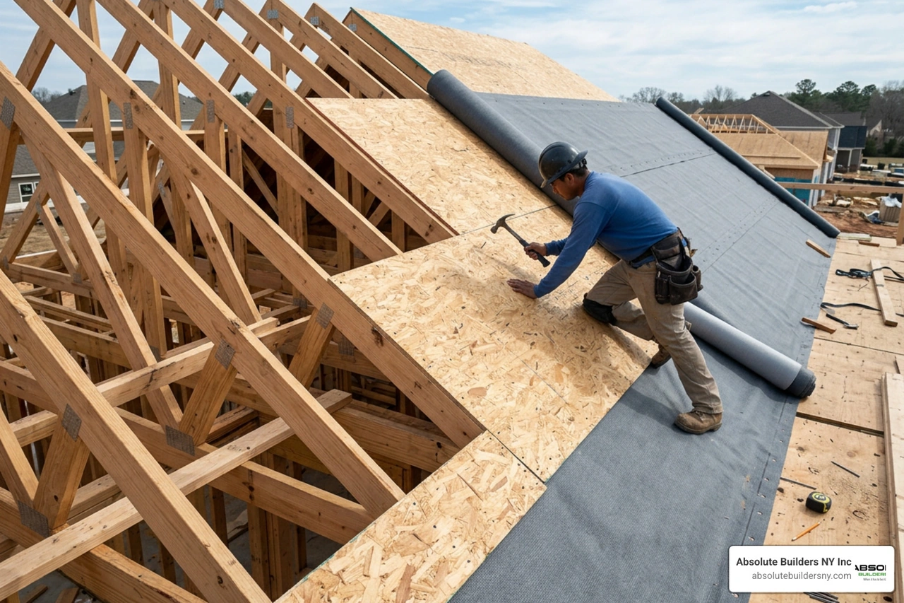 Dormer construction and framing process showing rafters, sheathing, and weatherproofing Dormer construction and framing process showing rafters, sheathing, and weatherproofing