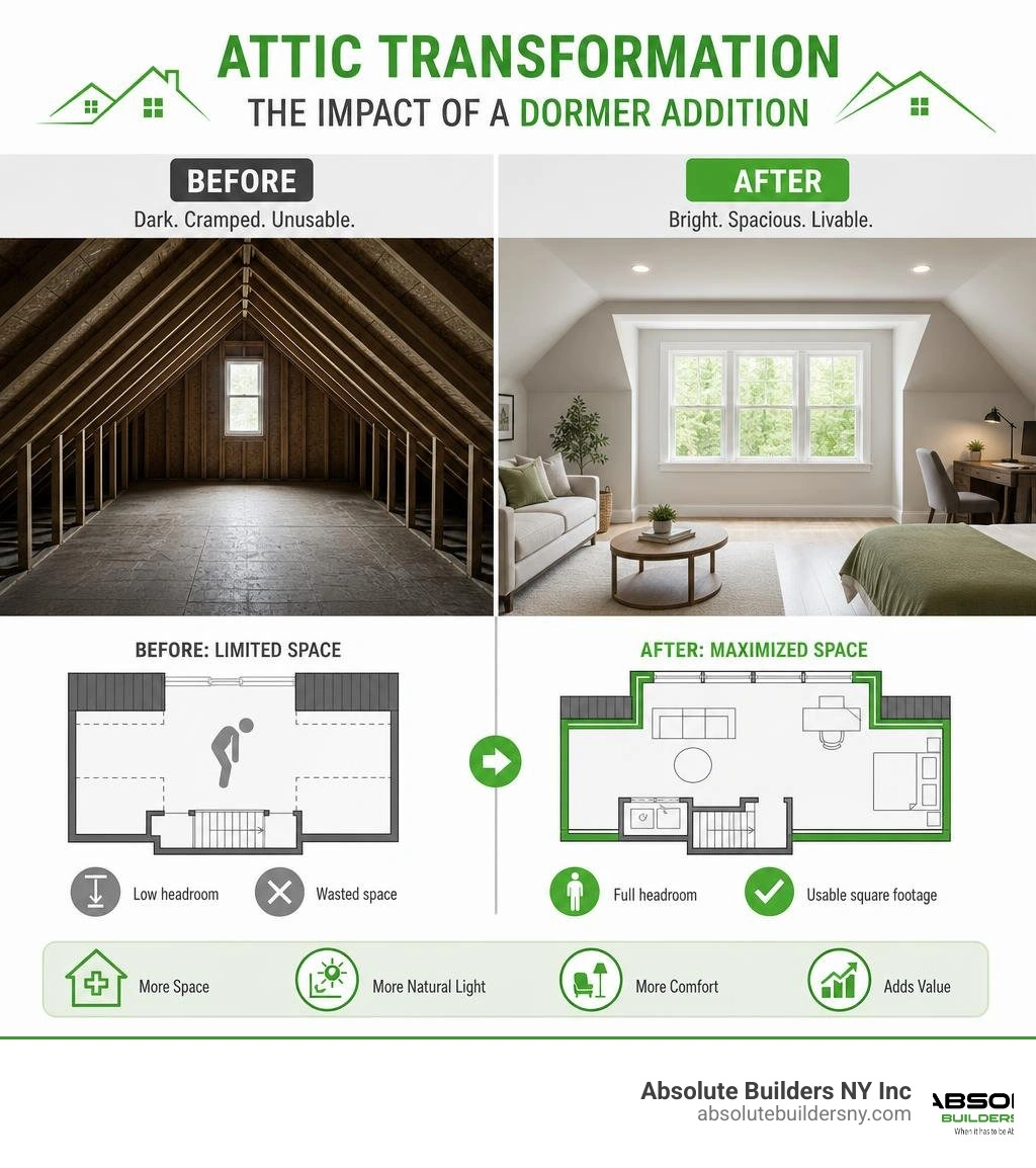 Before and after comparison of an attic space transformed by a dormer addition infographic Before and after comparison of an attic space transformed by a dormer addition infographic