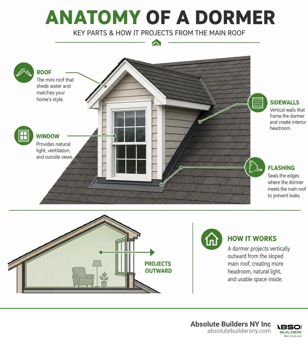Anatomy of a dormer: key parts including roof, window, sidewalls, flashing, and how it projects from the main roof Anatomy of a dormer: key parts including roof, window, sidewalls, flashing, and how it projects from the main roof