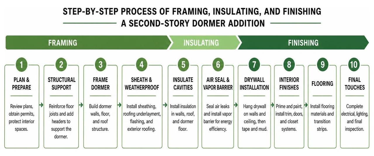 Step-by-step process of framing, insulating, and finishing a second-story dormer addition Step-by-step process of framing, insulating, and finishing a second-story dormer addition