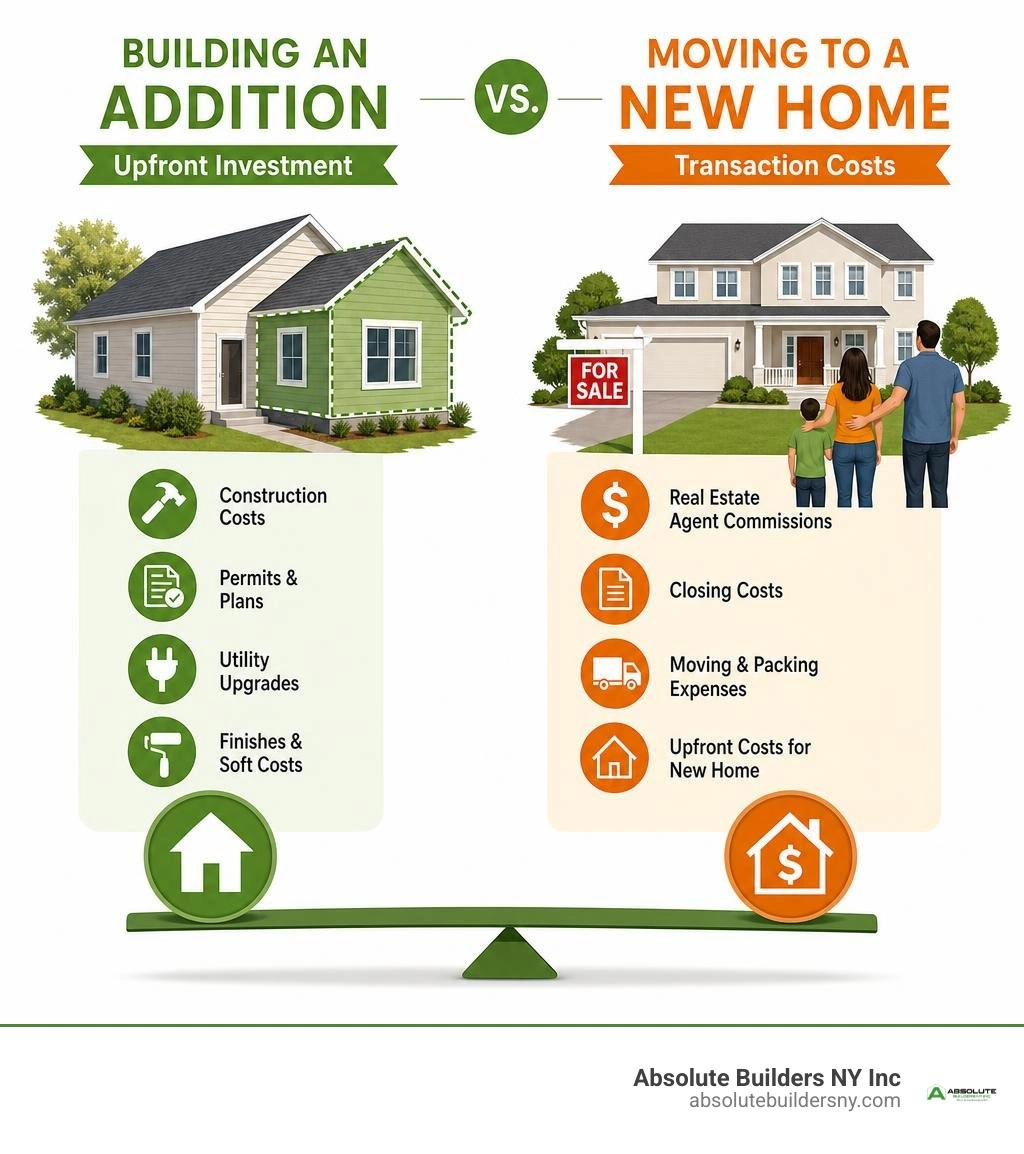Comparison of upfront addition investments versus transaction costs when moving to a new home infographic Comparison of upfront addition investments versus transaction costs when moving to a new home infographic