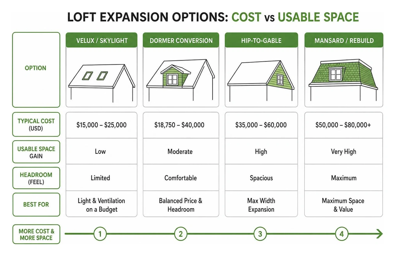 Comparison of loft expansion options showing cost versus usable space Comparison of loft expansion options showing cost versus usable space