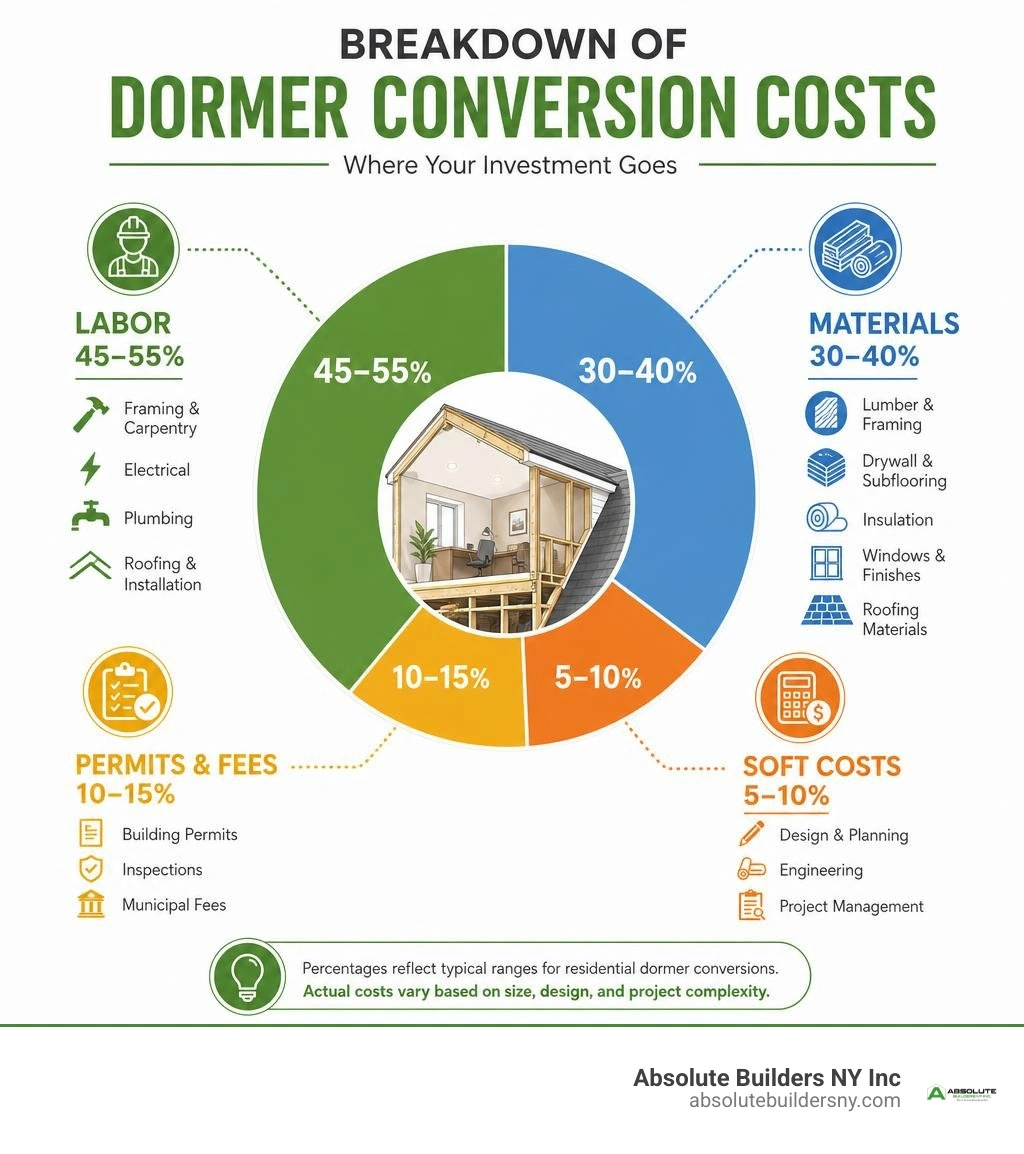 Breakdown of materials, labor, permits, and soft costs for dormer conversion infographic Breakdown of materials, labor, permits, and soft costs for dormer conversion infographic