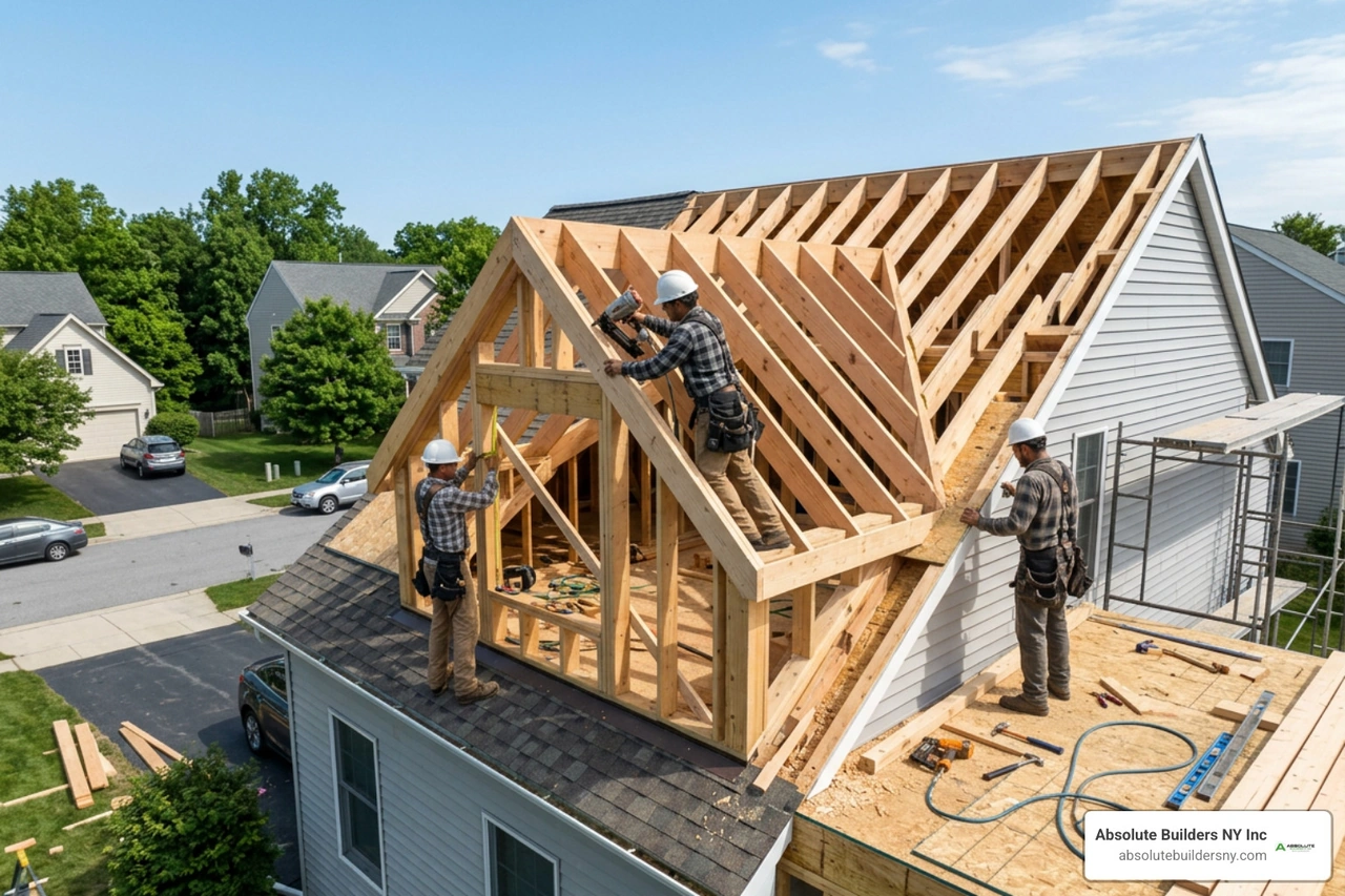 Structural timber framing and roof dormer installation in progress Structural timber framing and roof dormer installation in progress