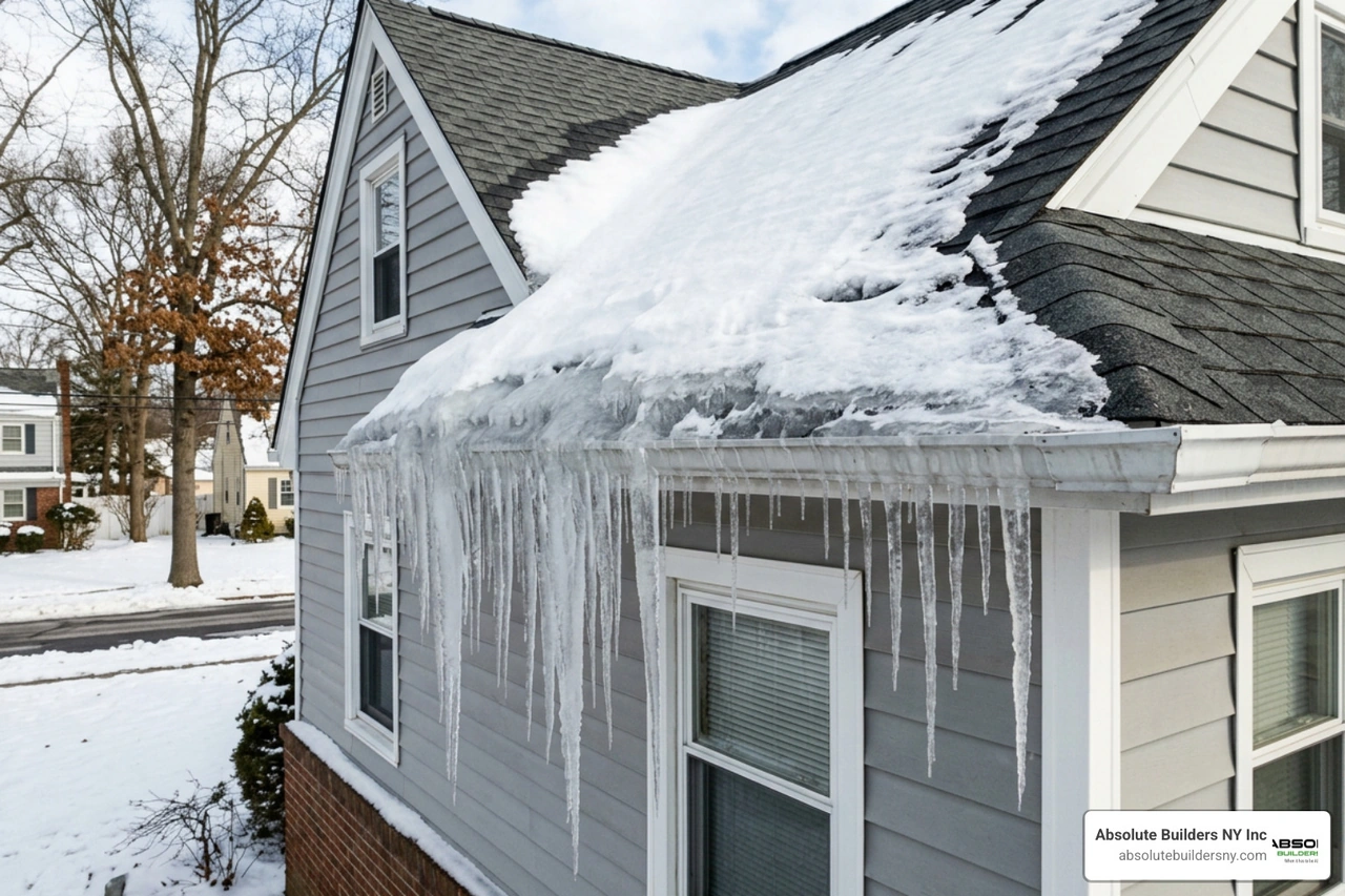 Ice dams forming on a Long Island roof edge Ice dams forming on a Long Island roof edge