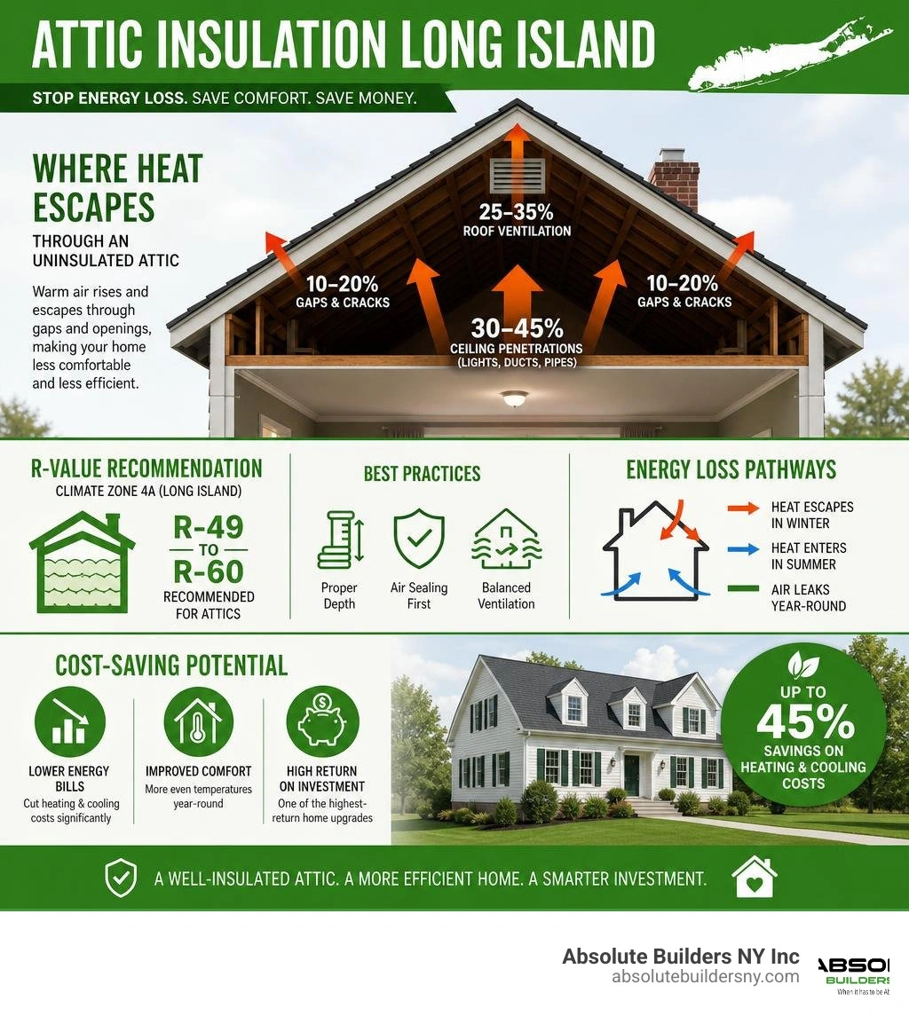 Infographic showing how heat escapes through an uninsulated attic, energy loss pathways, R-value recommendations, and Infographic showing how heat escapes through an uninsulated attic, energy loss pathways, R-value recommendations, and