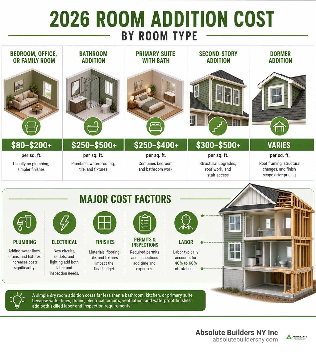 2026 room addition cost by room type and major cost factors infographic 2026 room addition cost by room type and major cost factors infographic