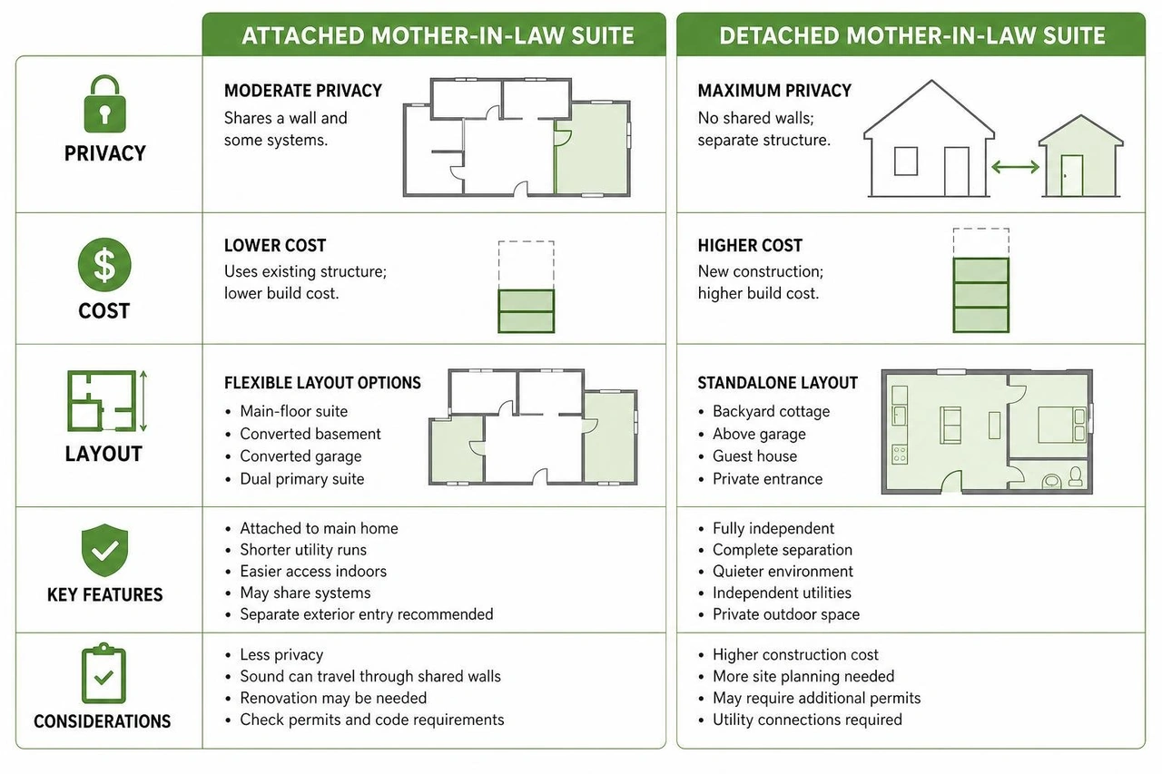 Comparison of attached vs detached mother-in-law suites showing privacy, cost, and layout features