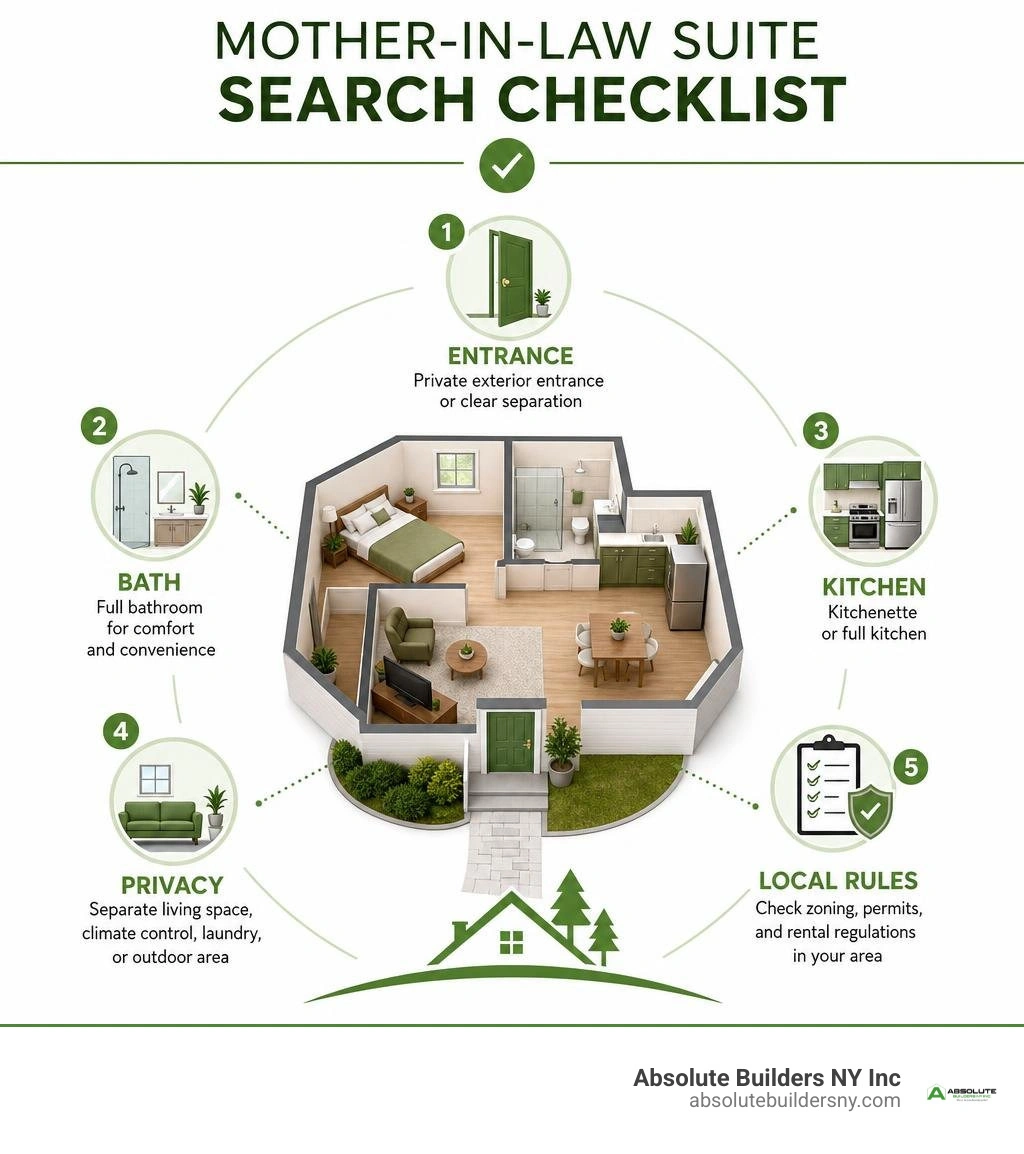 Mother-in-law suite search checklist: entrance, bath, kitchen, privacy, and local rules infographic