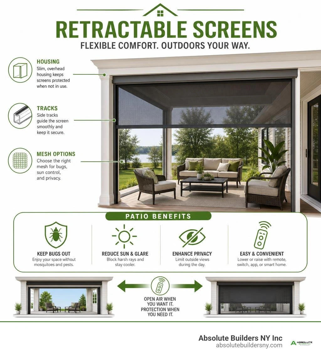 Infographic showing retractable screen housing, tracks, mesh, and patio benefits infographic Infographic showing retractable screen housing, tracks, mesh, and patio benefits infographic