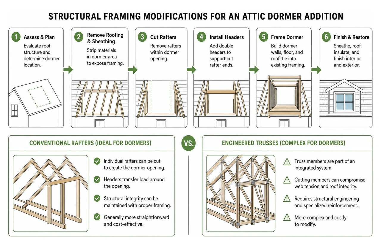 Structural framing modifications for an attic dormer addition Structural framing modifications for an attic dormer addition