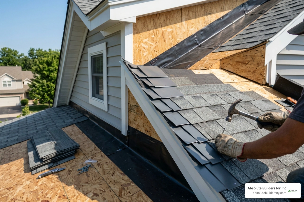 Step flashing and ice barrier installation detail along an attic dormer edge Step flashing and ice barrier installation detail along an attic dormer edge
