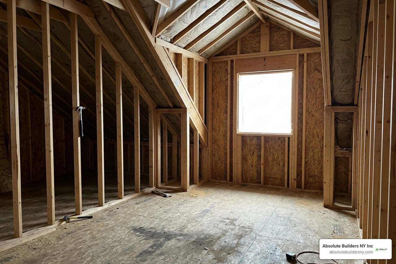 Framed interior of an attic dormer addition showing 2x6 wall studs Framed interior of an attic dormer addition showing 2x6 wall studs
