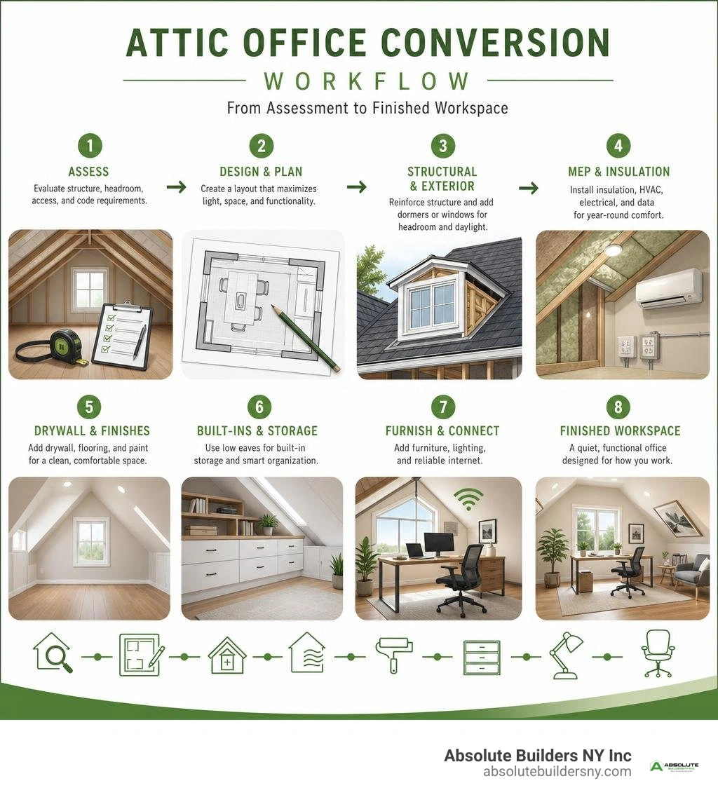 Attic office conversion workflow from assessment through finished workspace infographic