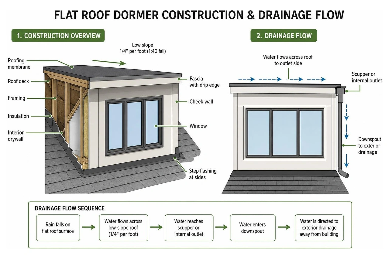 Flat roof dormer construction and drainage flow diagram