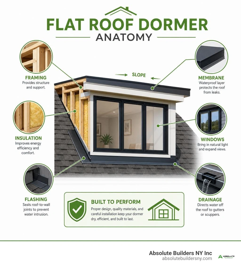 Flat roof dormer anatomy showing framing insulation membrane windows flashing and drainage infographic