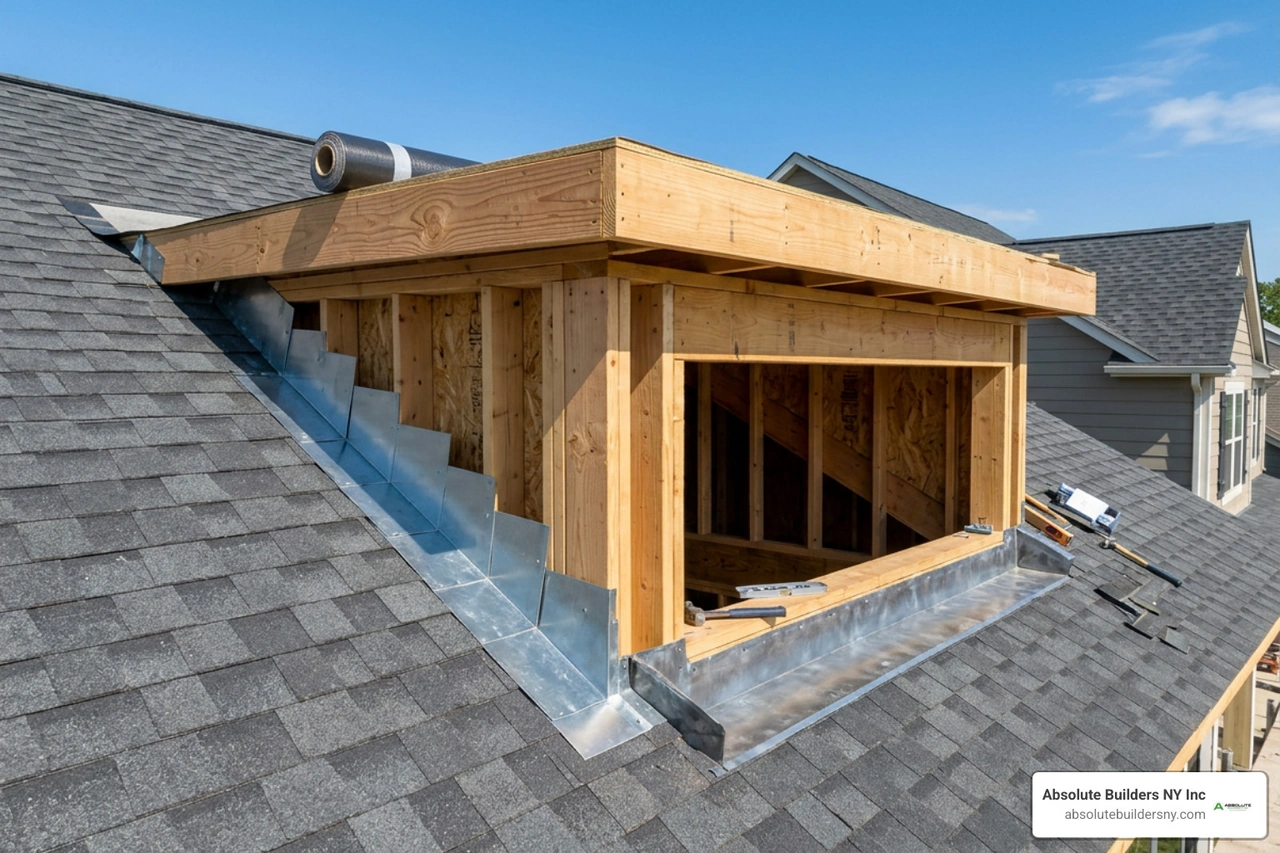 Weather-sealed dormer cheek flashing and back gutter installation
