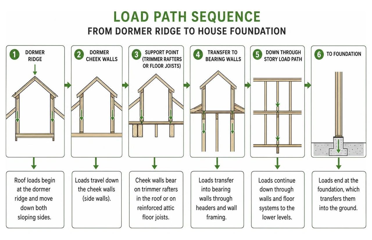 Load path sequence from dormer ridge to house foundation Load path sequence from dormer ridge to house foundation