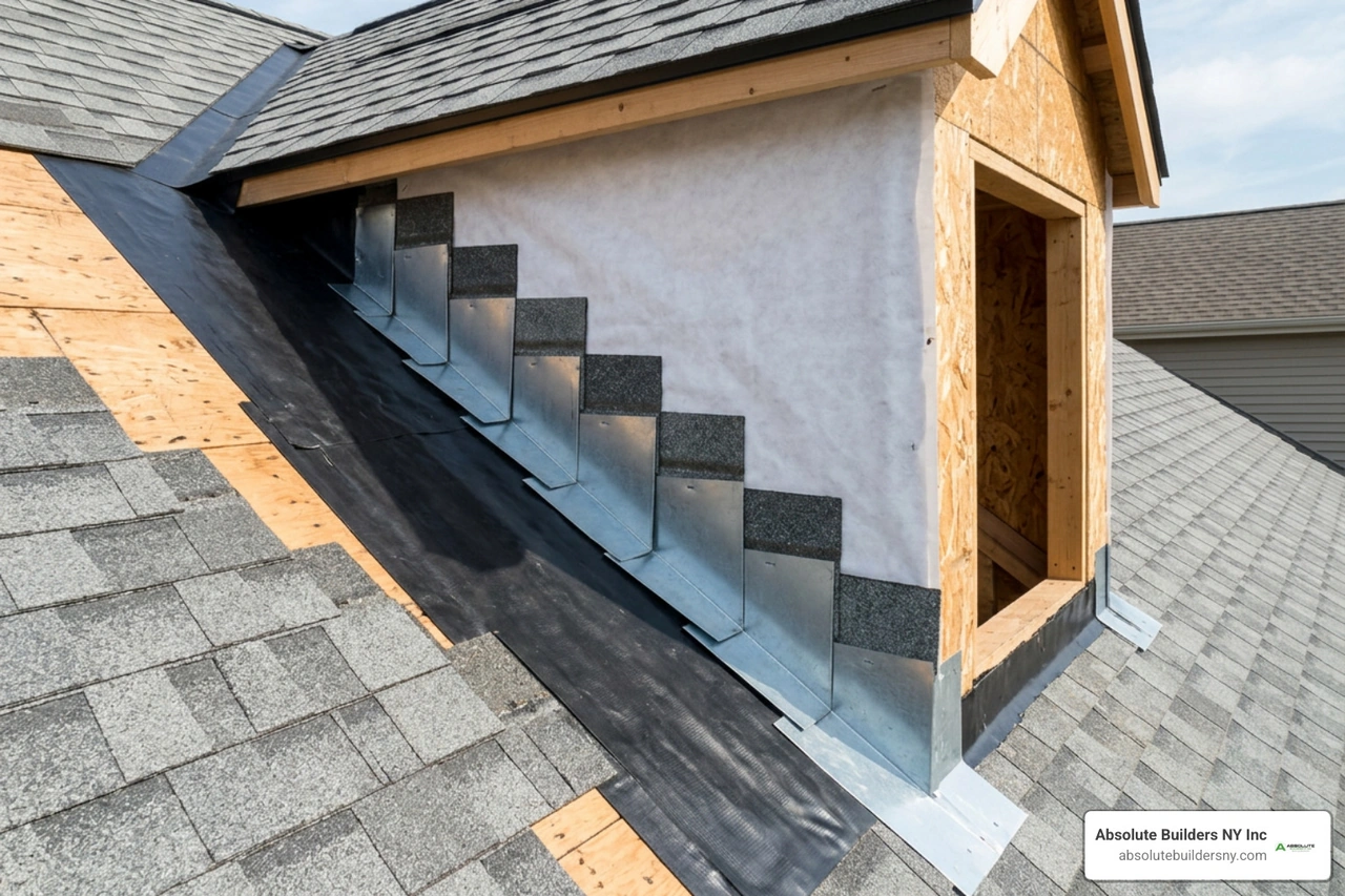 Self-adhered membrane and step flashing installed along dormer cheek wall Self-adhered membrane and step flashing installed along dormer cheek wall