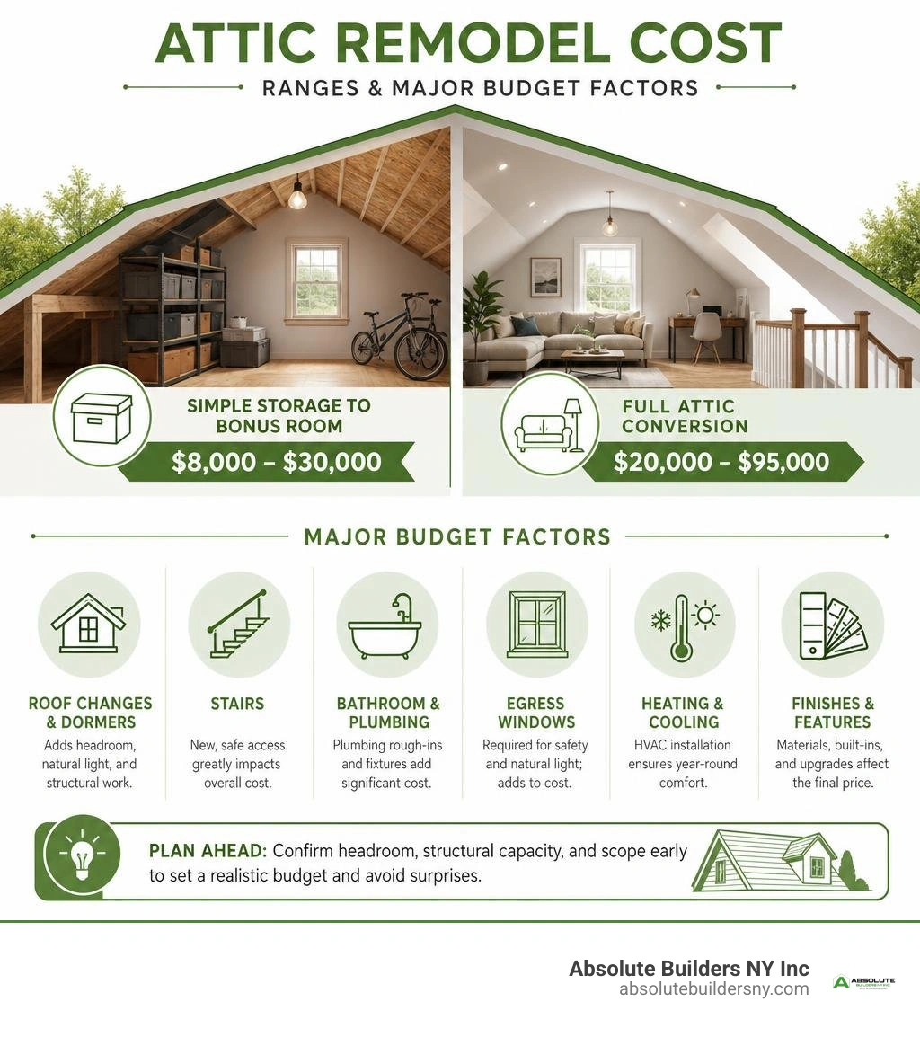 Infographic showing attic remodel cost ranges and major budget factors infographic