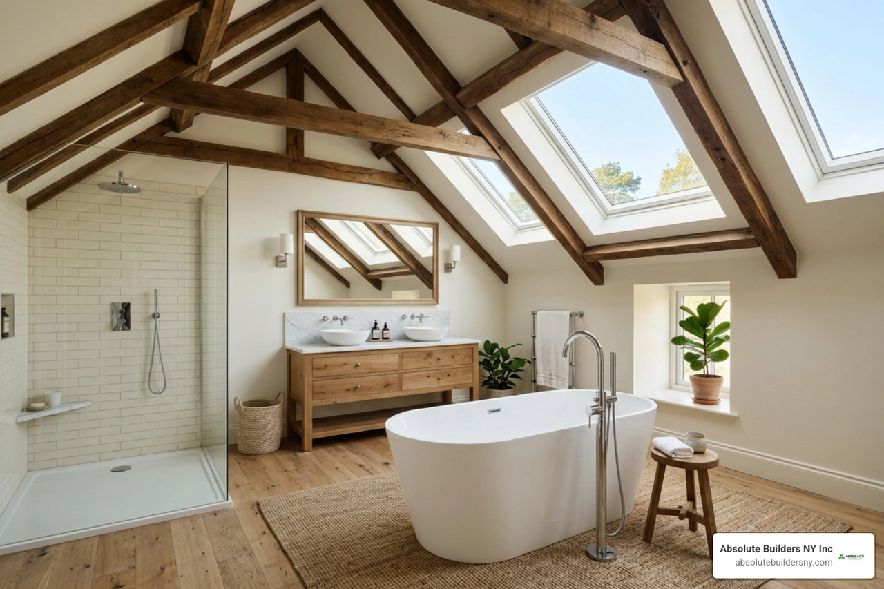 finished primary bathroom suite in converted attic
