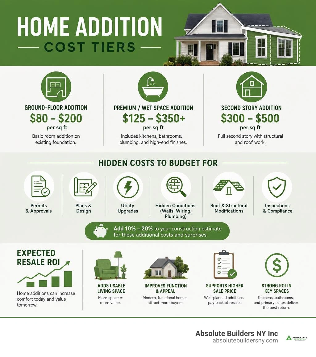 Home addition cost tiers, hidden costs, and expected resale ROI infographic Home addition cost tiers, hidden costs, and expected resale ROI infographic