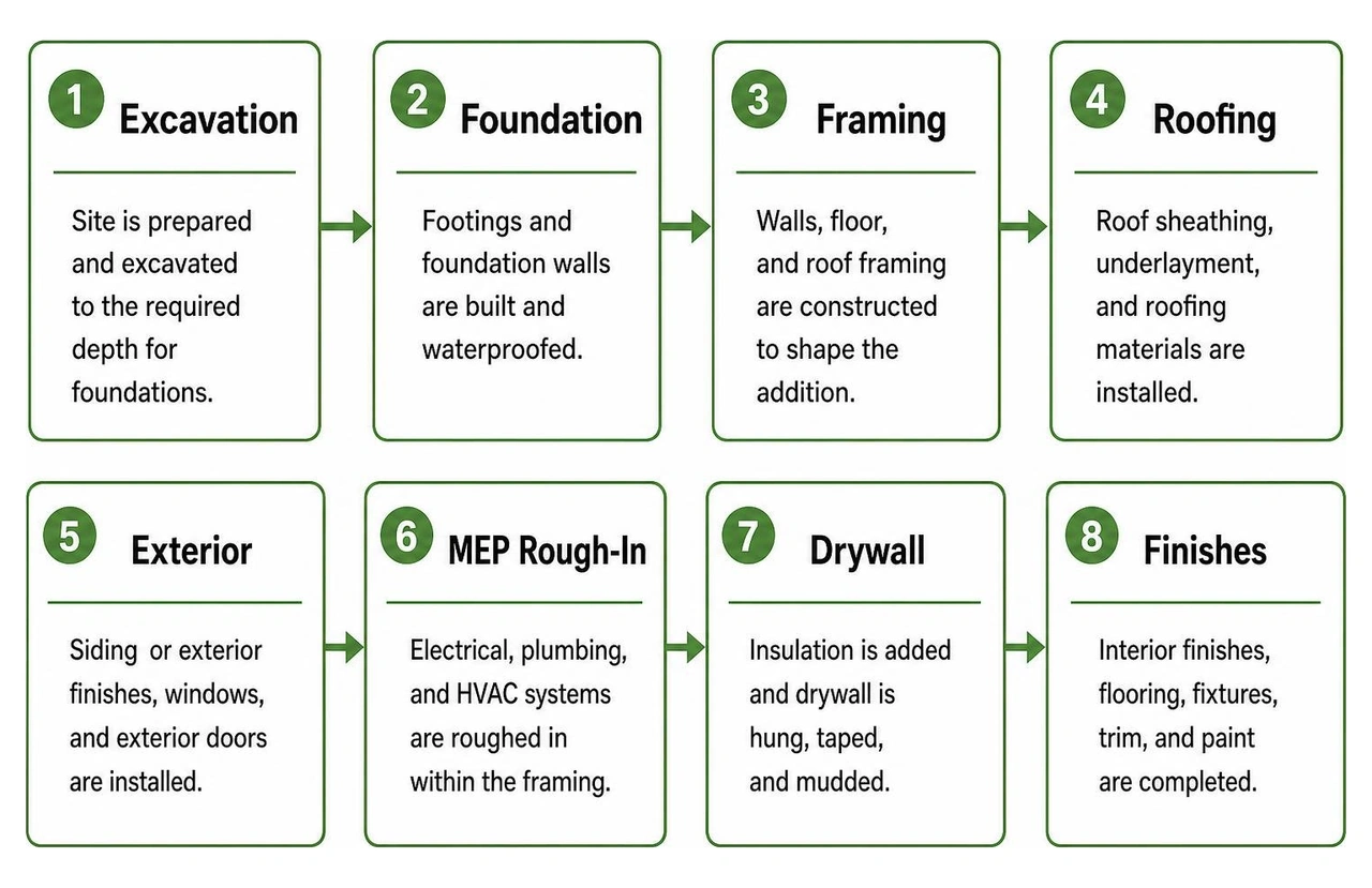 Step-by-step home addition construction process from excavation to finishes Step-by-step home addition construction process from excavation to finishes