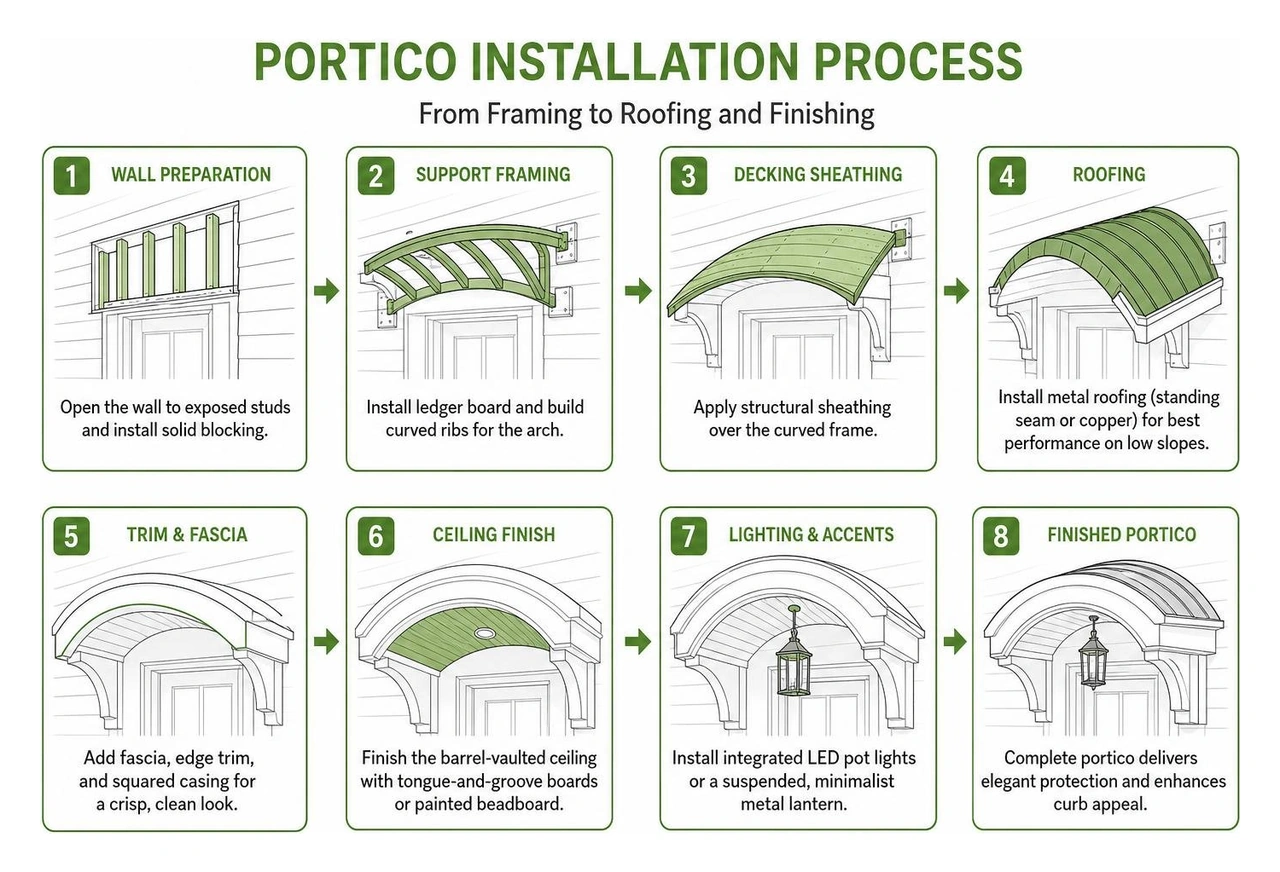 Portico installation process from framing to roofing and finishing Portico installation process from framing to roofing and finishing