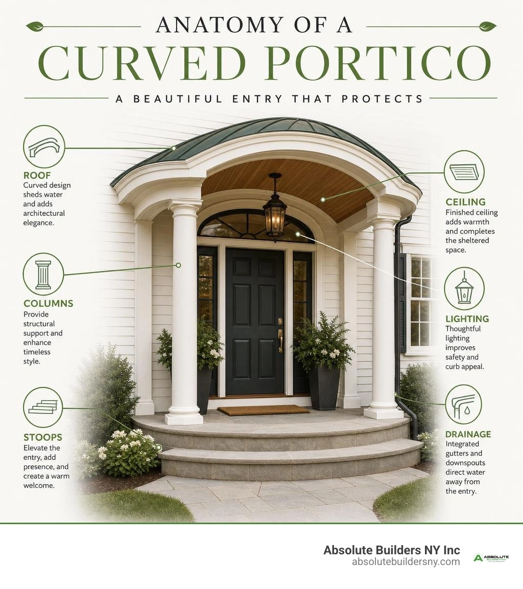 Anatomy of a curved portico with roof, columns, ceiling, lighting, stoops and drainage infographic Anatomy of a curved portico with roof, columns, ceiling, lighting, stoops and drainage infographic