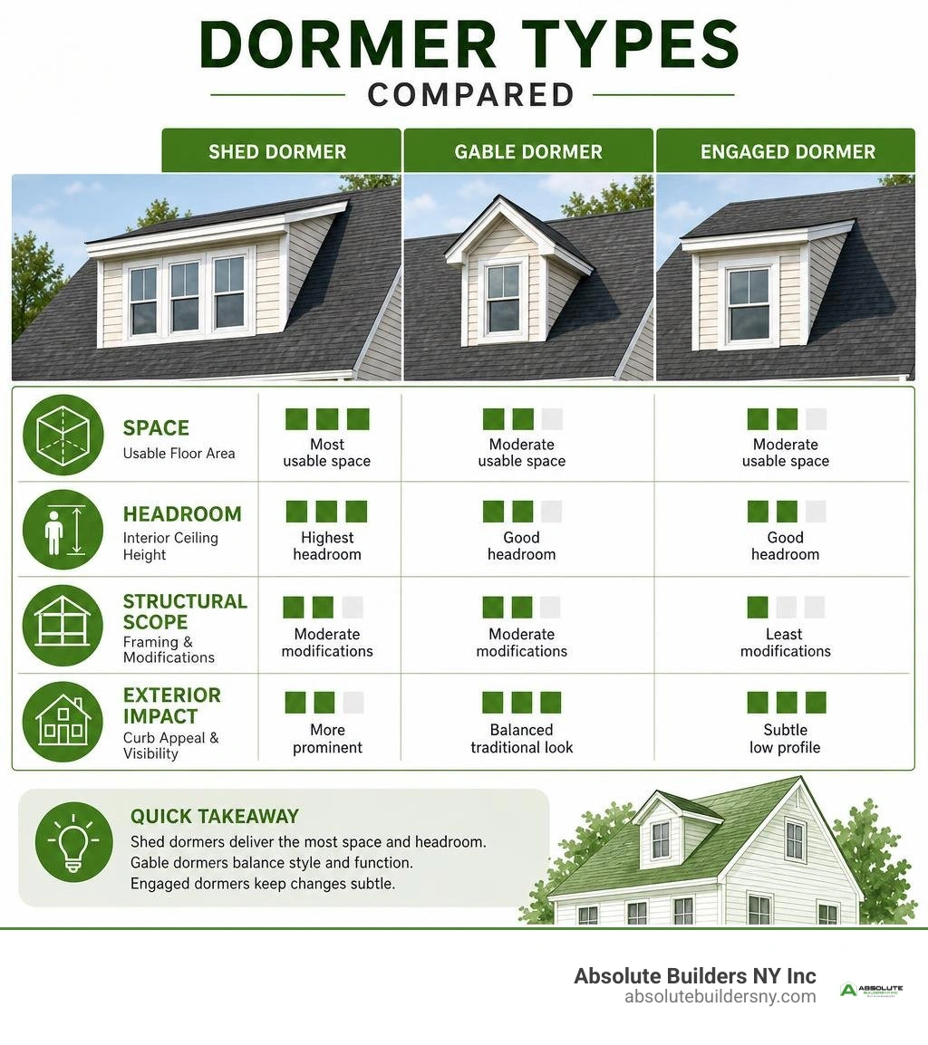 Dormer types compared by space, headroom, structural scope, and exterior impact infographic Dormer types compared by space, headroom, structural scope, and exterior impact infographic