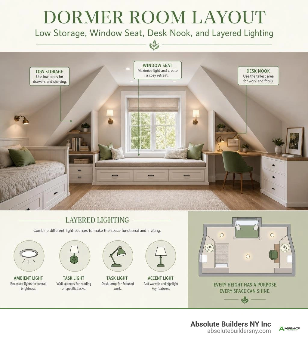Dormer room layout with low storage, window seat, desk nook, and layered lighting infographic Dormer room layout with low storage, window seat, desk nook, and layered lighting infographic