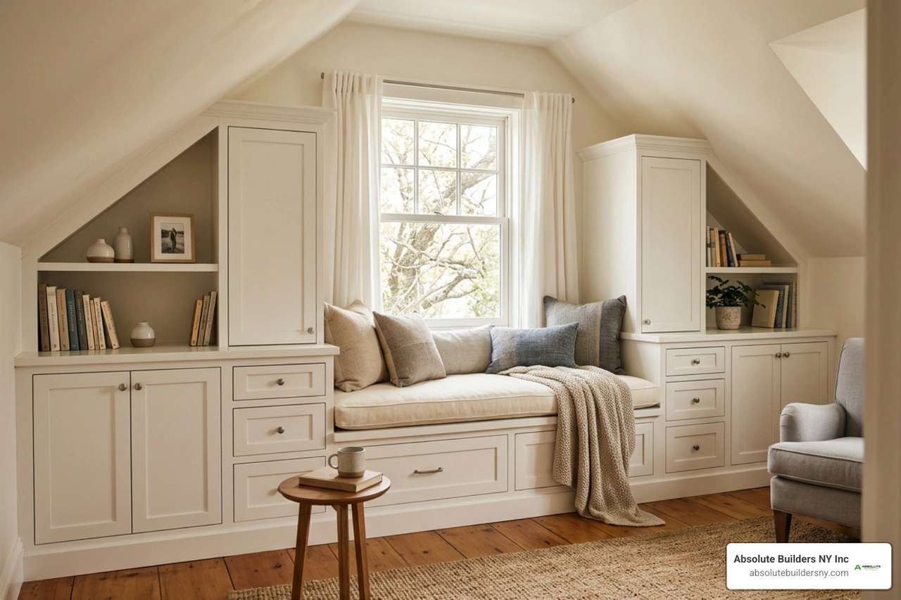 Custom built-in storage and window seat in a dormer room Custom built-in storage and window seat in a dormer room