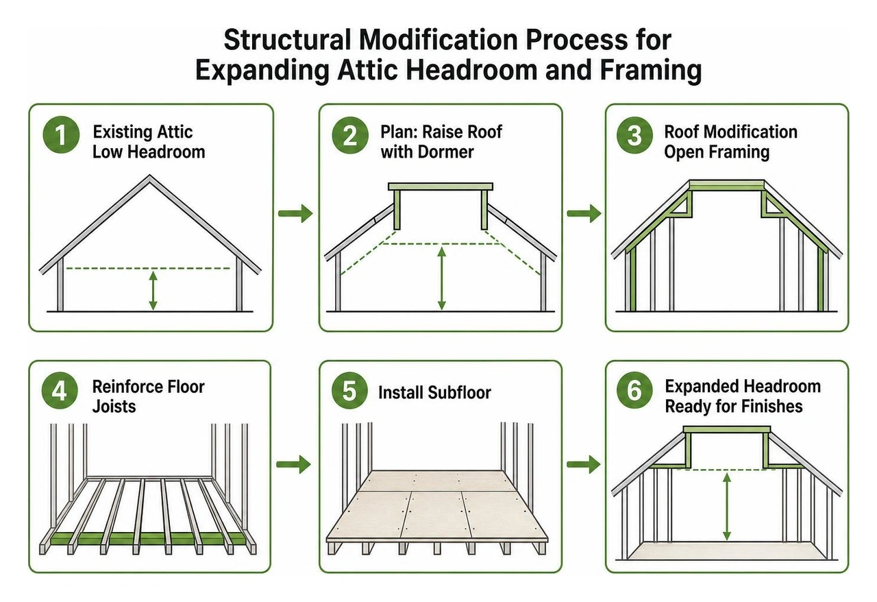 Structural modification process for expanding attic headroom and framing Structural modification process for expanding attic headroom and framing